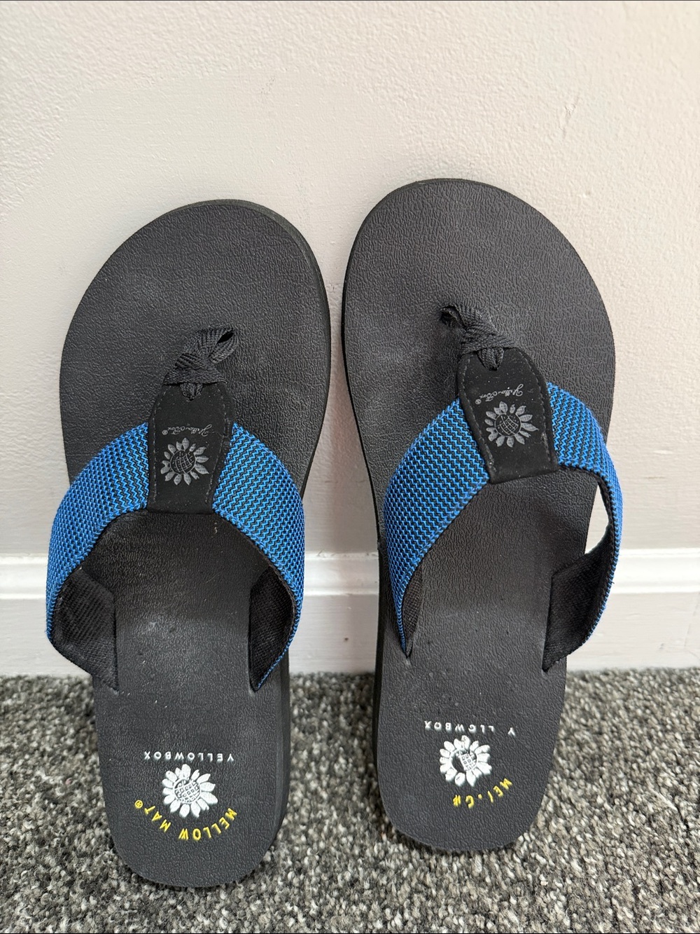Yellow Box Black Sandals with Blue Straps